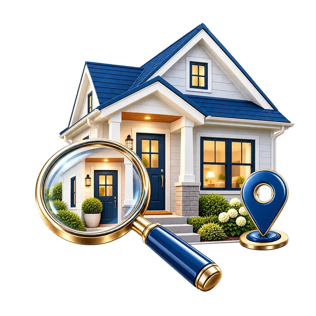 House with magnifying glass and location pin, suggesting real estate search and property listing