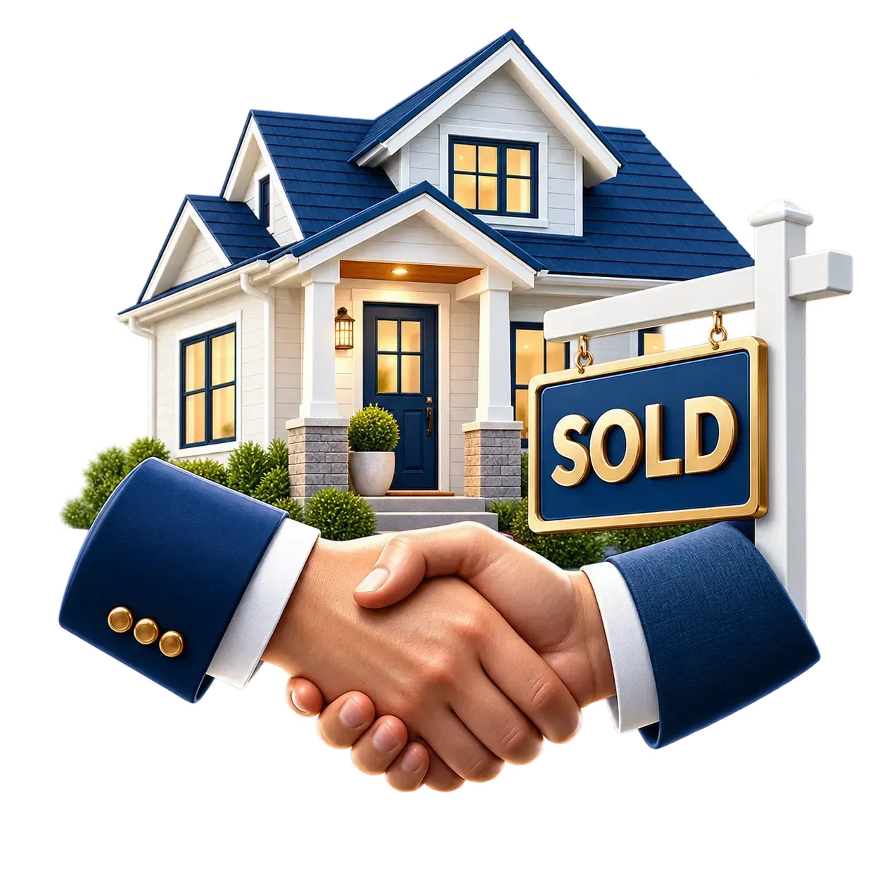 Handshaking in front of a house with a blue roof and a “SOLD” sign