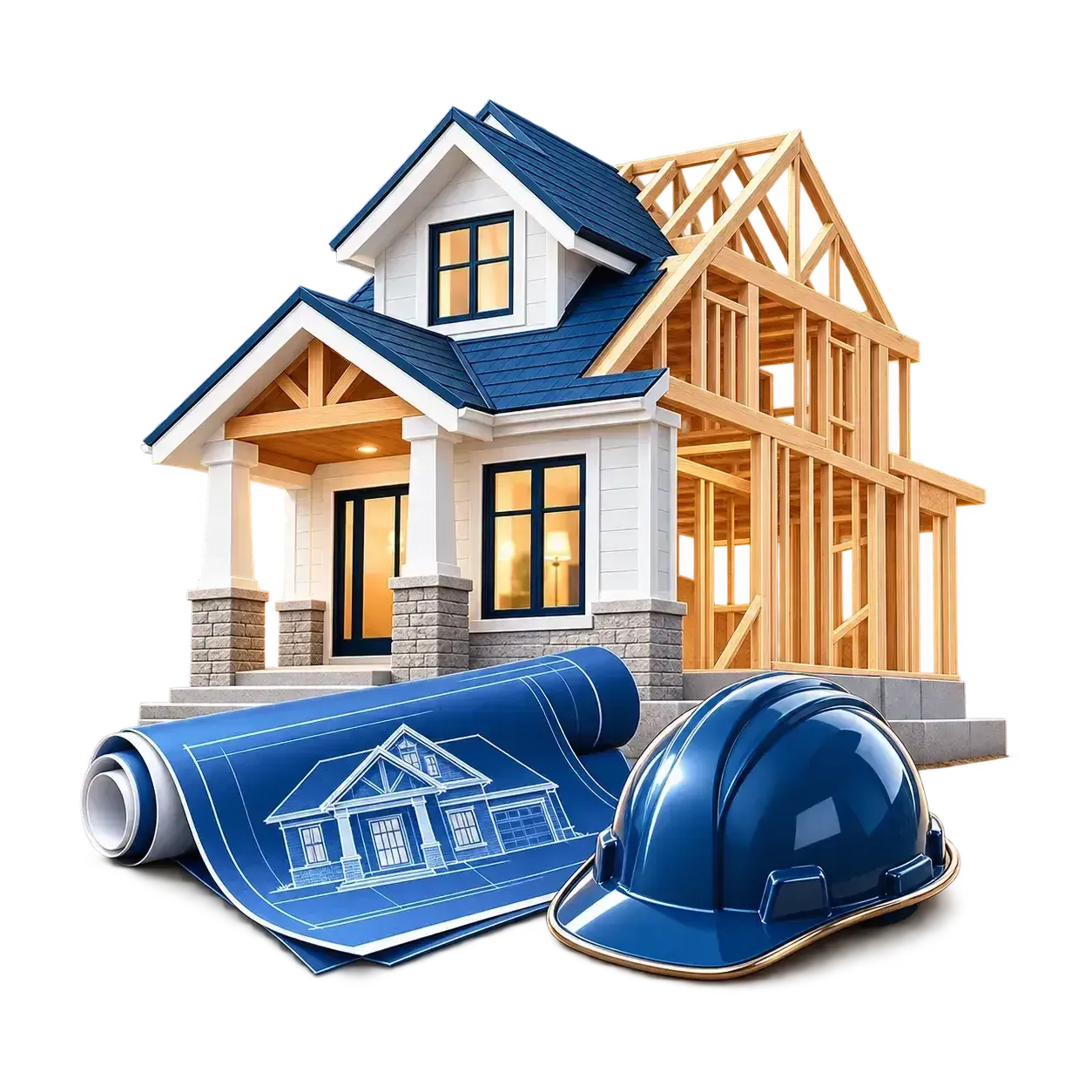 House under construction with blueprints and a blue hard hat in the foreground