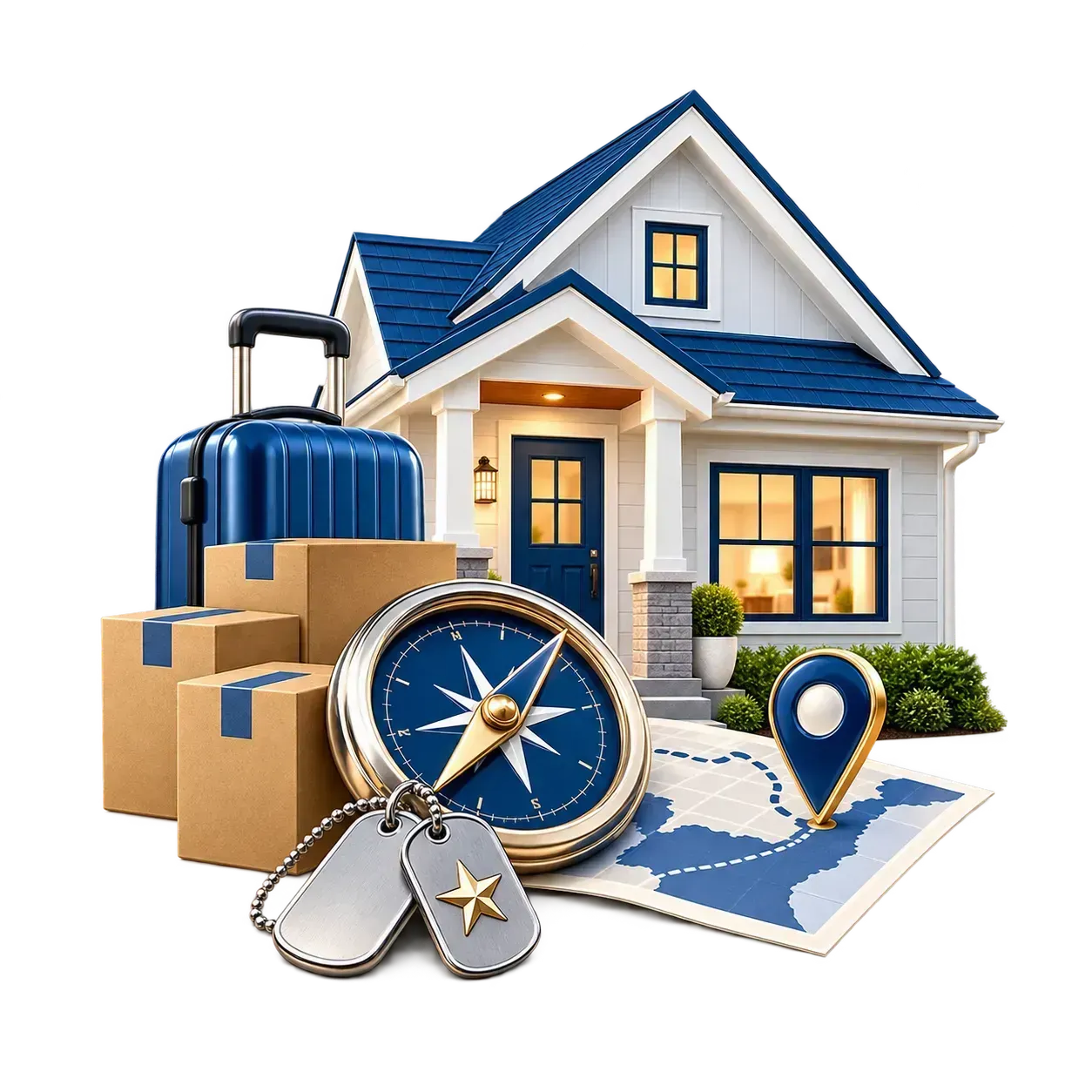 Travel house illustration with moving boxes, suitcase, compass, and map pin on a blue-roof home