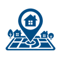 Blue map pin with house icon on a street map, representing home location or real estate search