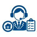 Blue customer service agent icon with headset, house, and checklist symbols