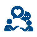 Blue icons of two people talking with speech bubbles showing a heart and dots
