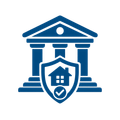 Blue courthouse icon with a shield, house, and checkmark signifying secure housing protection