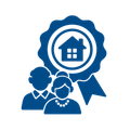 Blue house-award emblem above two people icons, suggesting homeownership or community recognition