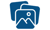 Blue stacked photo icon with a mountain, sun, and outline of a picture frame