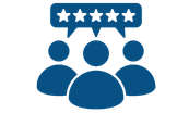 Blue group icon with five stars above three people silhouettes