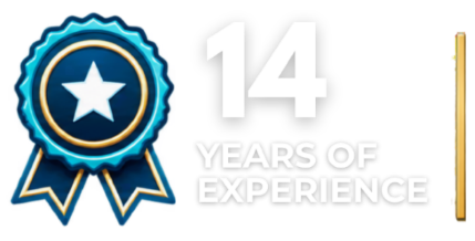Blue award ribbon with white star and text “13 years of experience”
