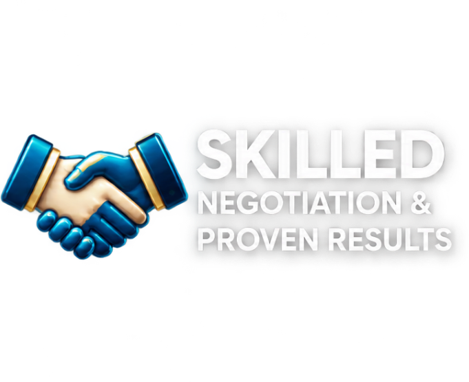 Handshake icon with “SKILLED NEGOTIATION & PROVEN RESULTS” text in white and blue.