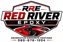 Red River Epoxy logo with decorative concrete coatings and phone number 580-678-1204