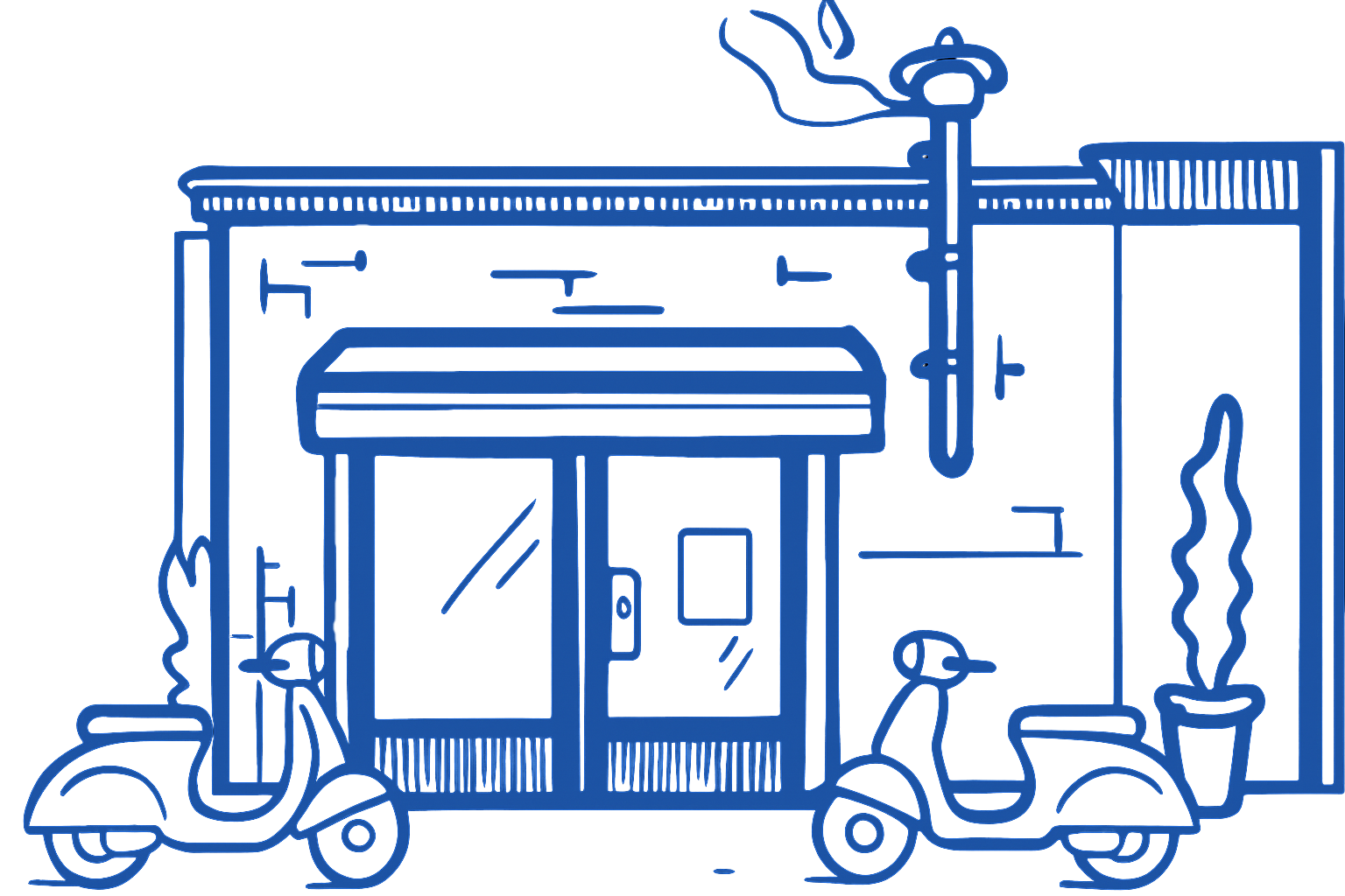 Een blauw-witte tekening van een winkel met twee fietsen ervoor geparkeerd.