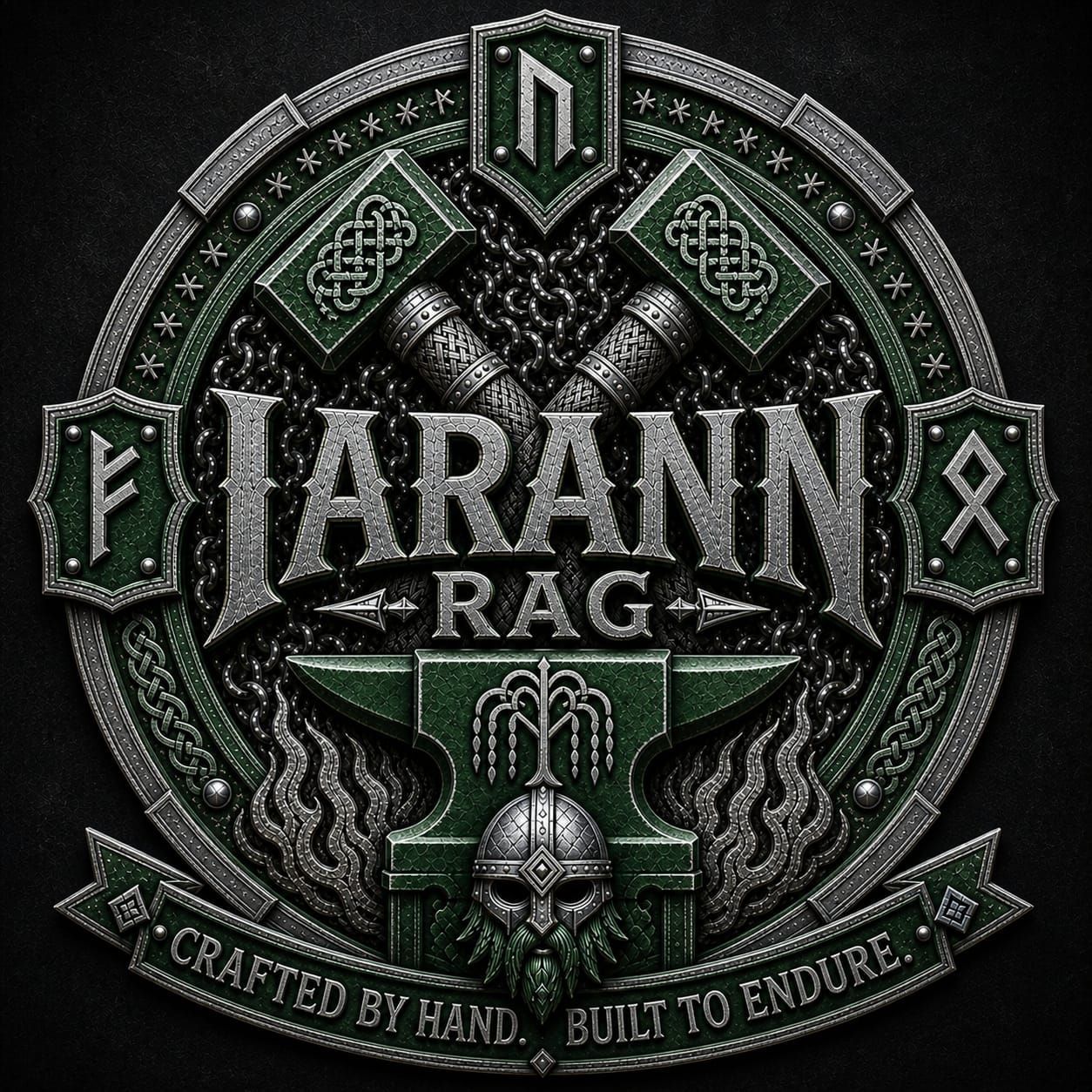 Het logo van Fiarann Rags in groen en zilver met een Vikinghelm en een rond gevlochten embleem.