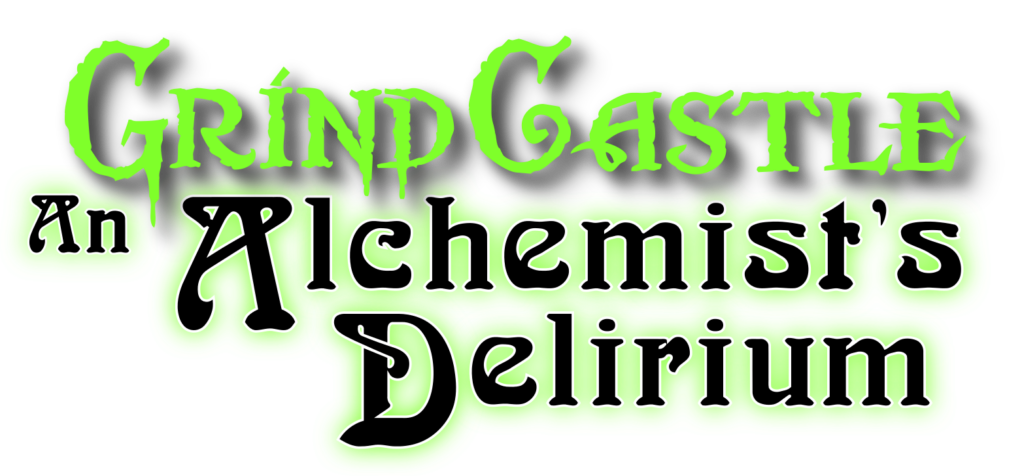 De titel van Grind Castle in neon groen en zwart gotisch lettertype: 