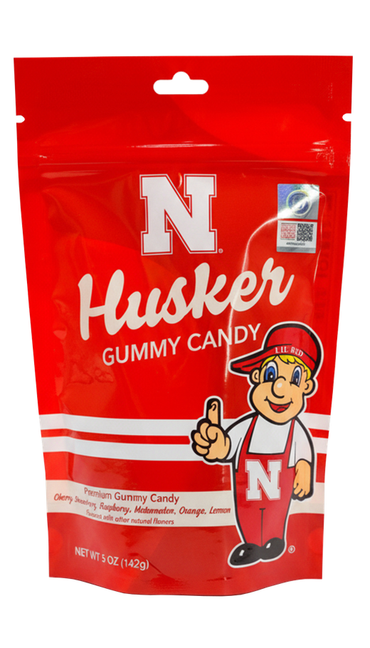 Bag of red Husker gummy candy with the team's 