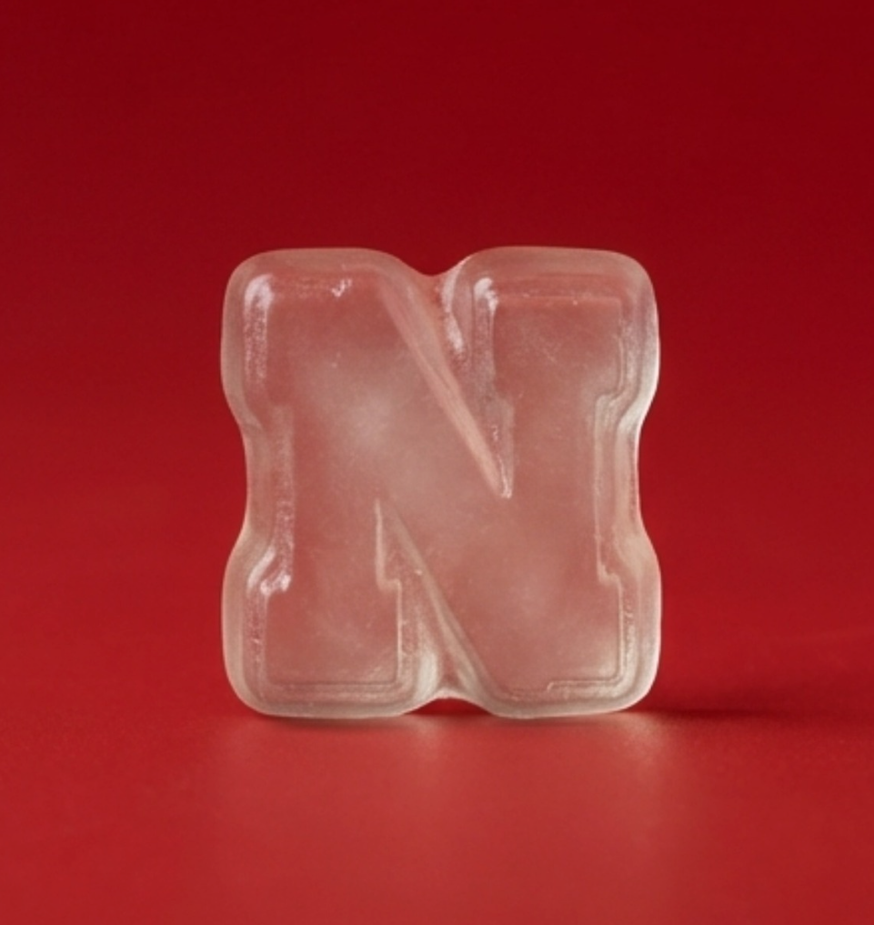 Clear ice cube shaped like the letter