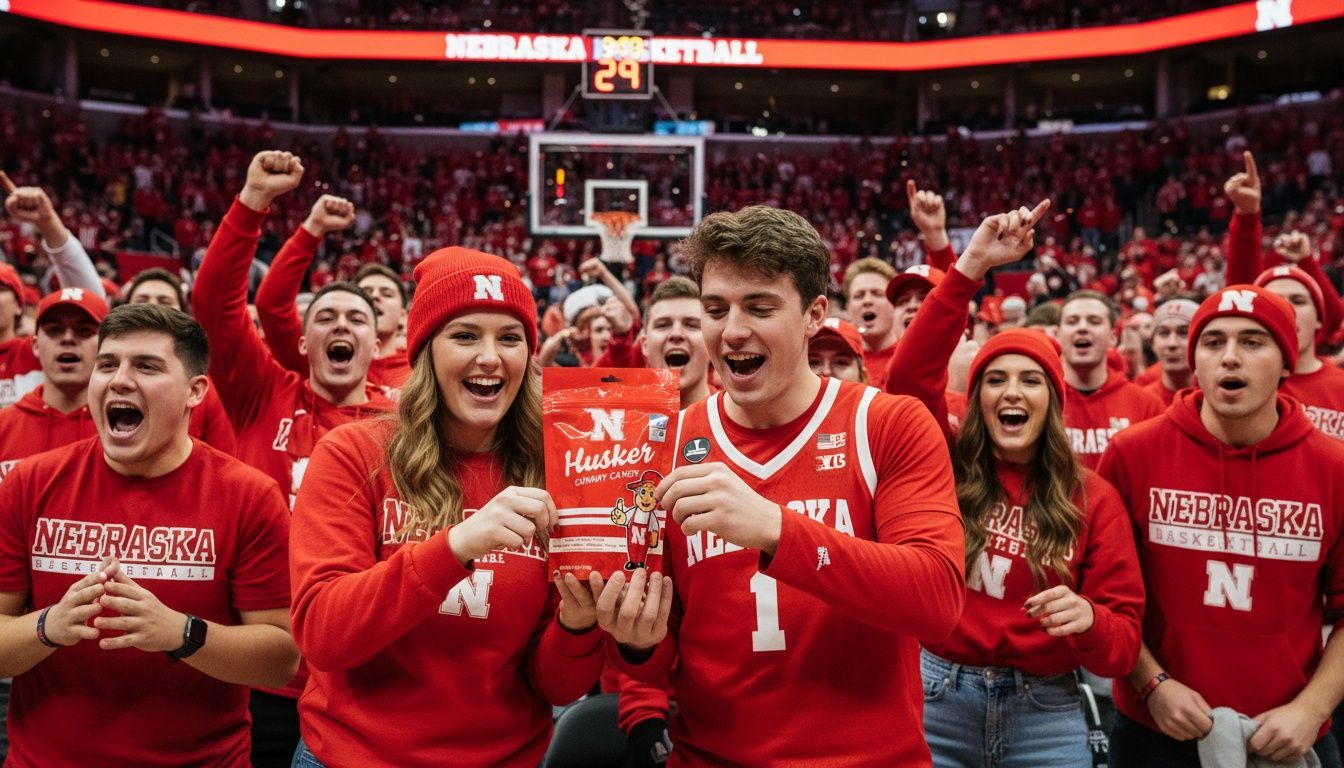 Children in red hoodies at a basketball game, holding a gift, surrounded by a red-clad audience.
