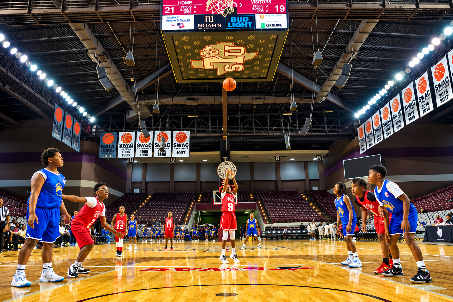 Youth basketball player shooting a free throw under arena lights
