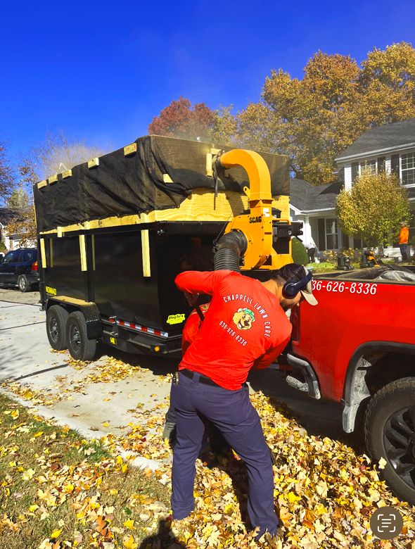 Man loading leaves into a trailer with a chipper. Red truck, black trailer, fall leaves, and blue sky.