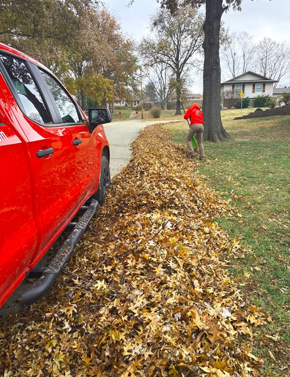 A person raking leaves on a residential street next to a red truck. Fall foliage.