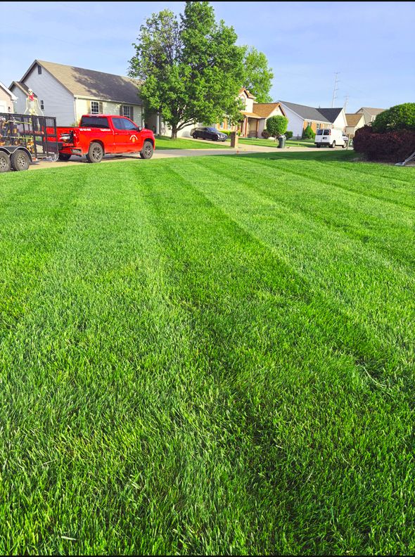 Lawn with freshly cut stripes. A red truck with trailer parked in front of houses on a sunny day.