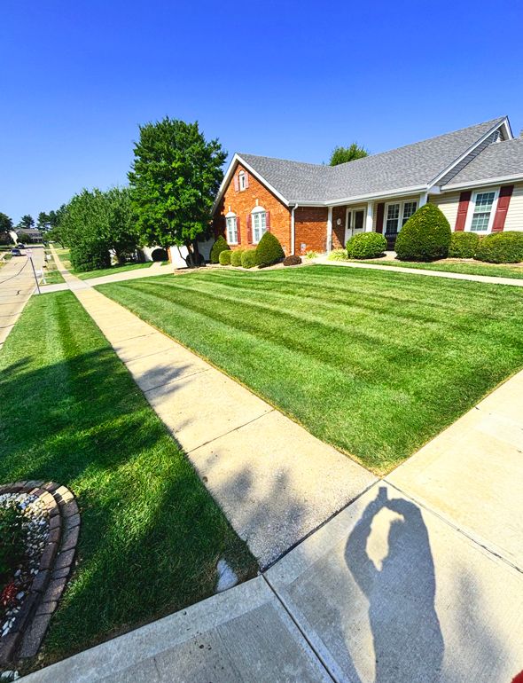 Lawn with mowing stripes in front of a brick house on a sunny day.