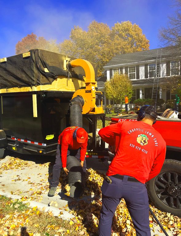 Two workers in red shirts loading leaves into a leaf vacuum trailer on a sunny day.