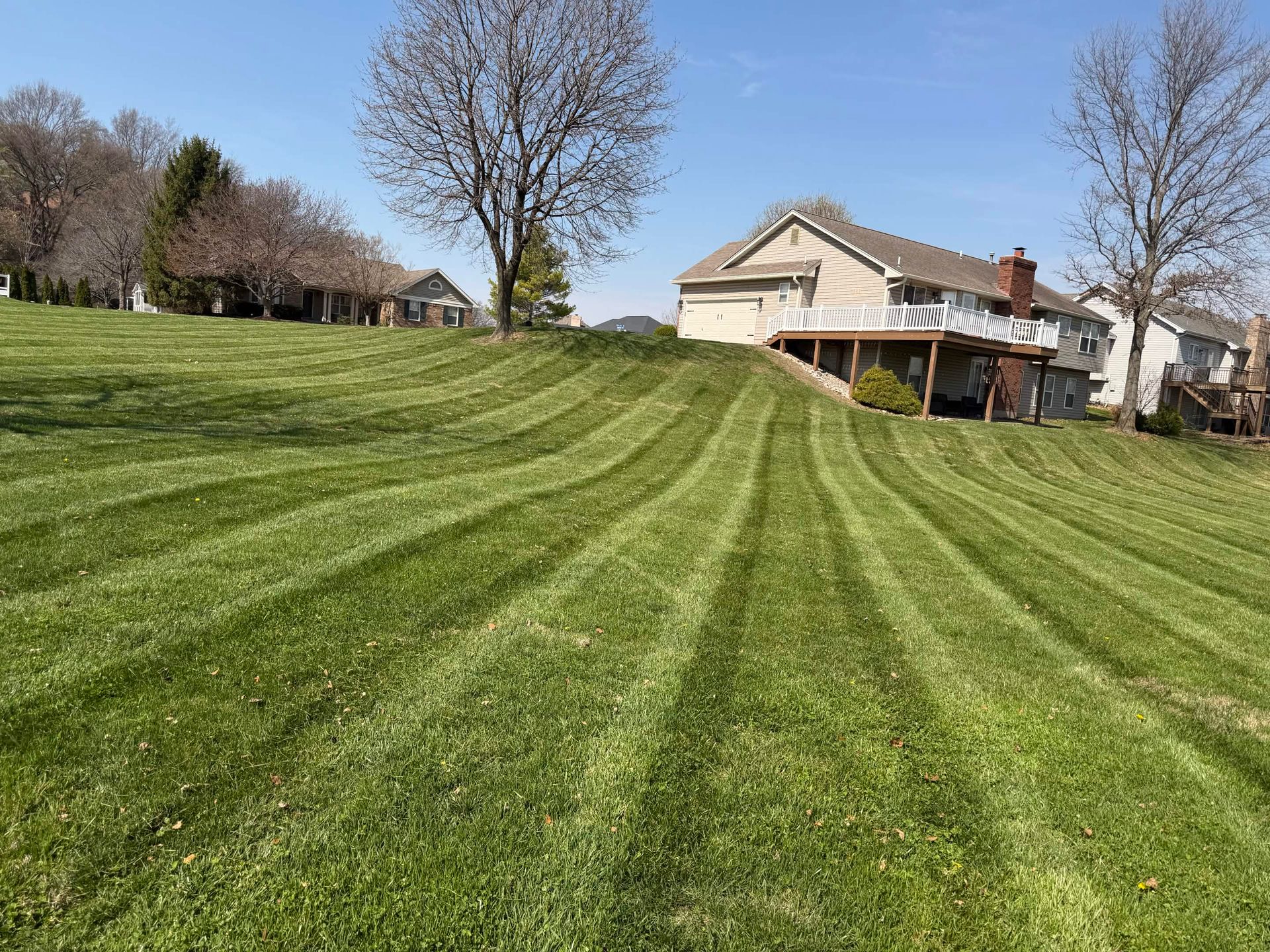 Broad green lawn leading to a beige house with trees under a clear blue sky