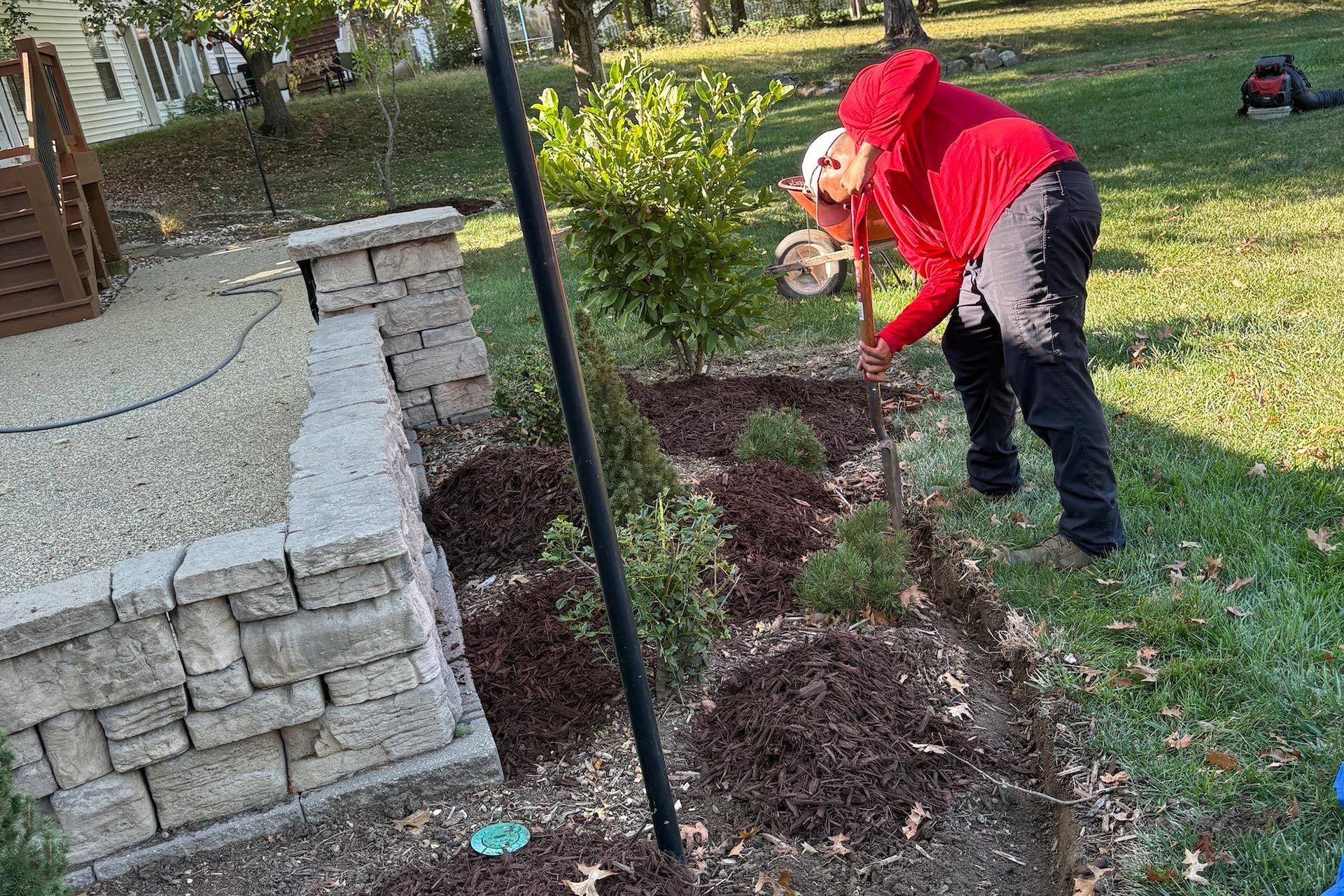 Person spreading mulch around plants in a garden bed next to a stone wall. Lawn in background.