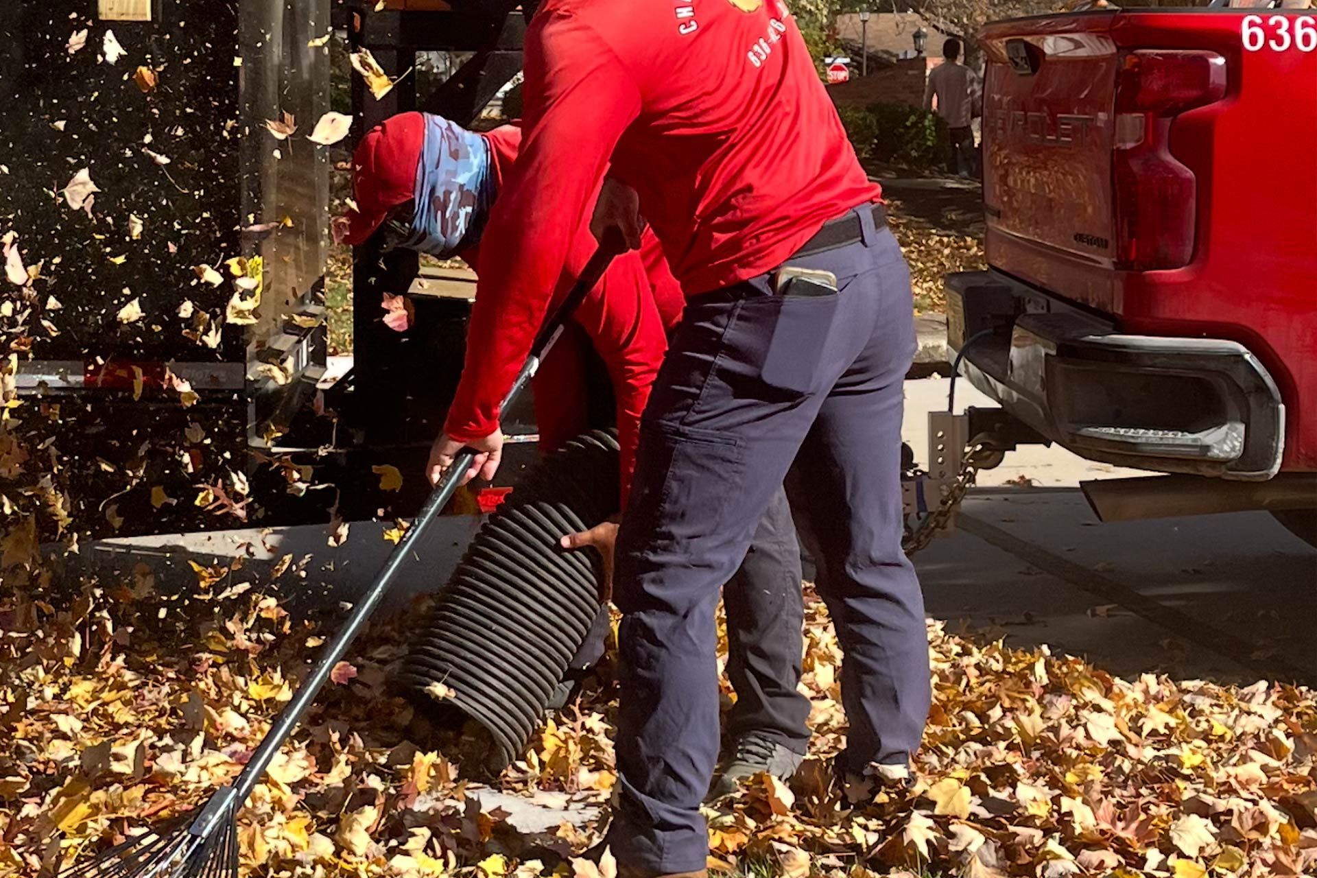 Two people in red shirts rake leaves into a black machine next to a red truck.