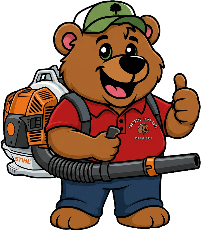 Cartoon bear mascot in red shirt and green cap, holding a hedge trimmer and giving a thumbs-up.