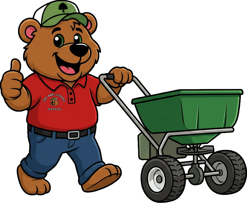 Cartoon bear mascot in red shirt and green cap, holding a hedge trimmer and giving a thumbs-up.