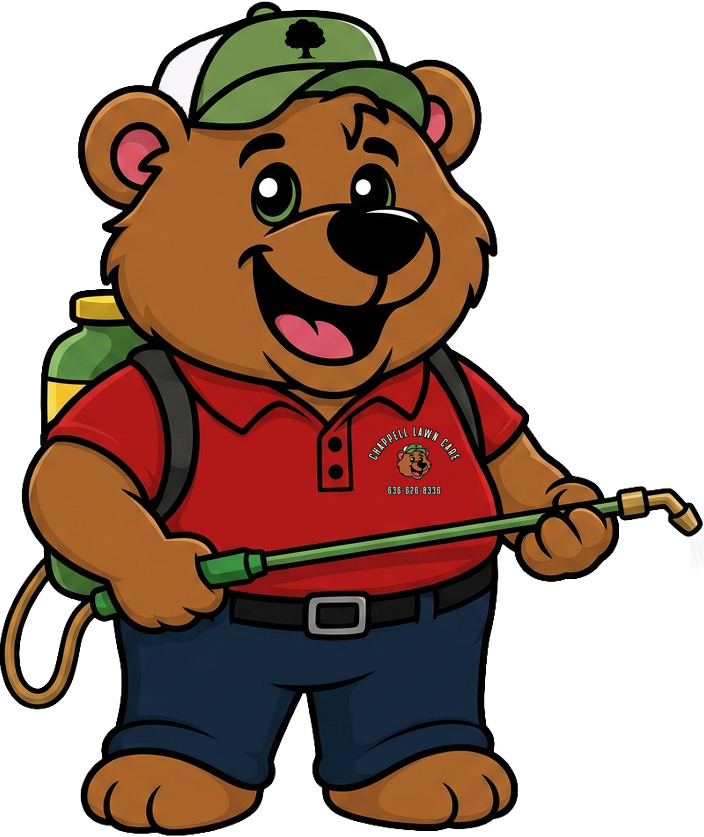Cartoon bear mascot in red shirt and green cap holding a garden hose and smiling.