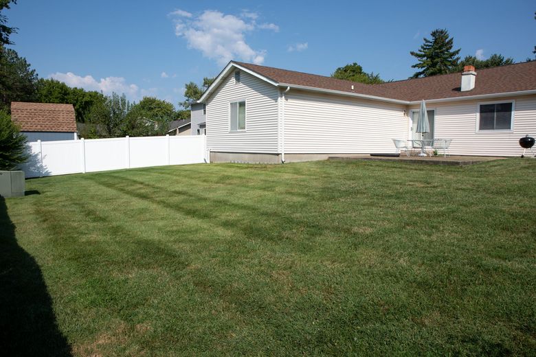 Lawn mowed with stripes, tree, house, sunny day, person with trimmer on sidewalk.