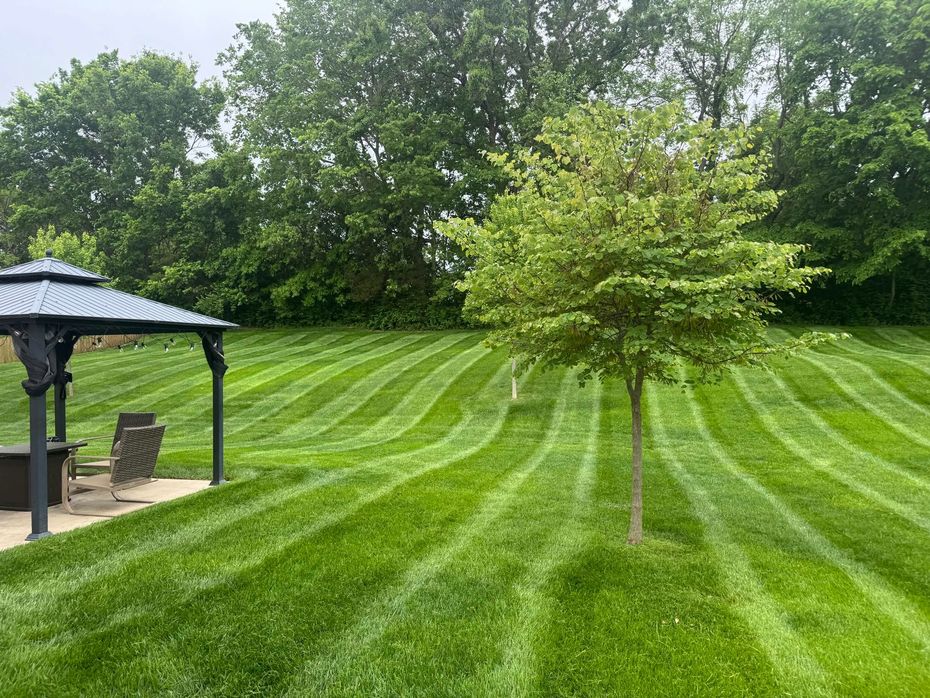 Man in red sweatshirt using a riding mower on a grassy hill.
