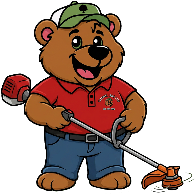 Cartoon bear mascot in red shirt and green cap, holding a hedge trimmer and giving a thumbs-up.