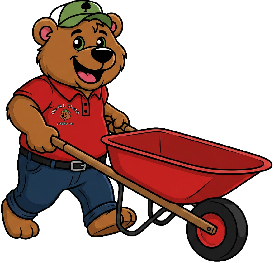 Cartoon bear mascot in red shirt and green cap, holding a hedge trimmer and giving a thumbs-up.