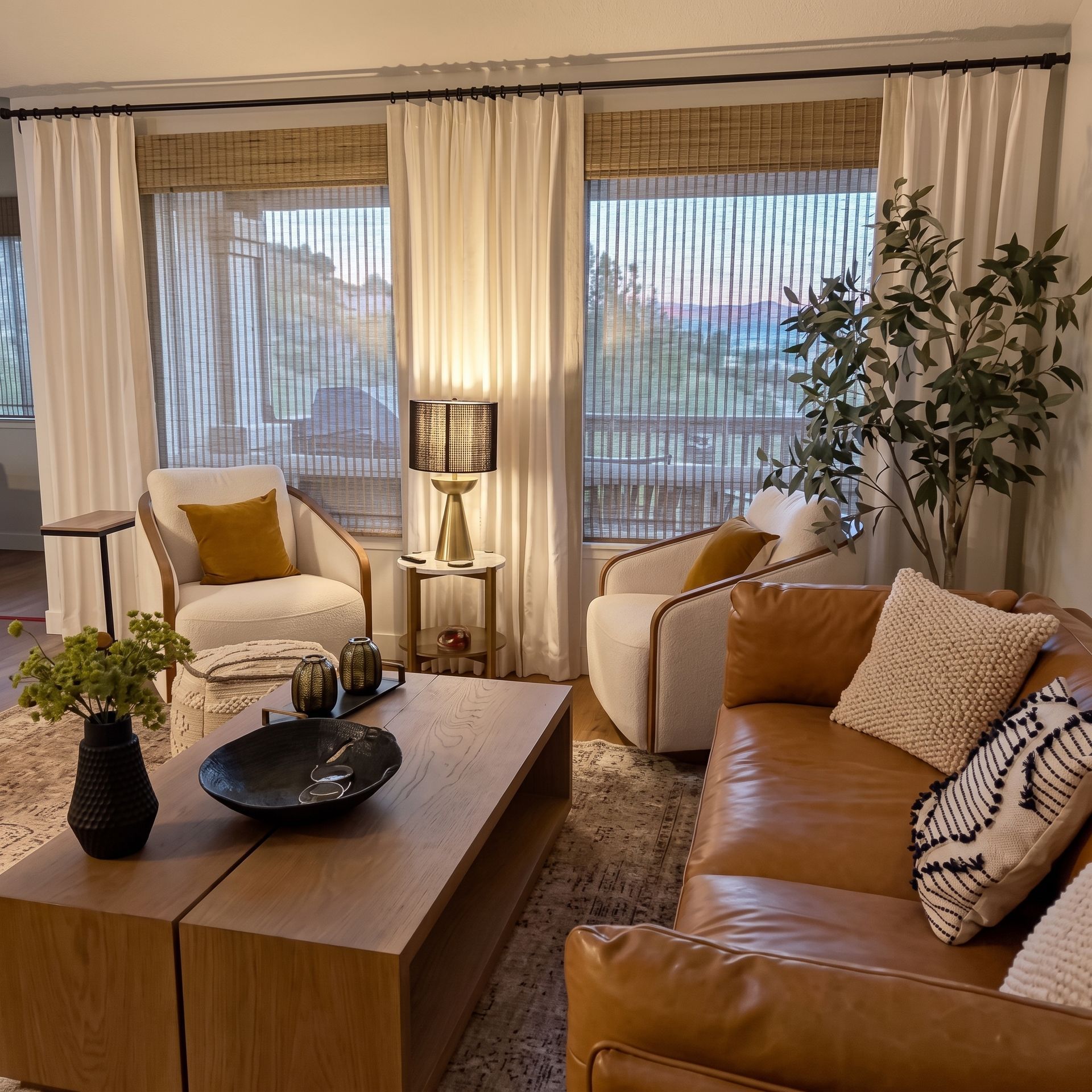 Cozy living room with tan leather sofa, cream chairs, wood coffee table, and large windows with curtains