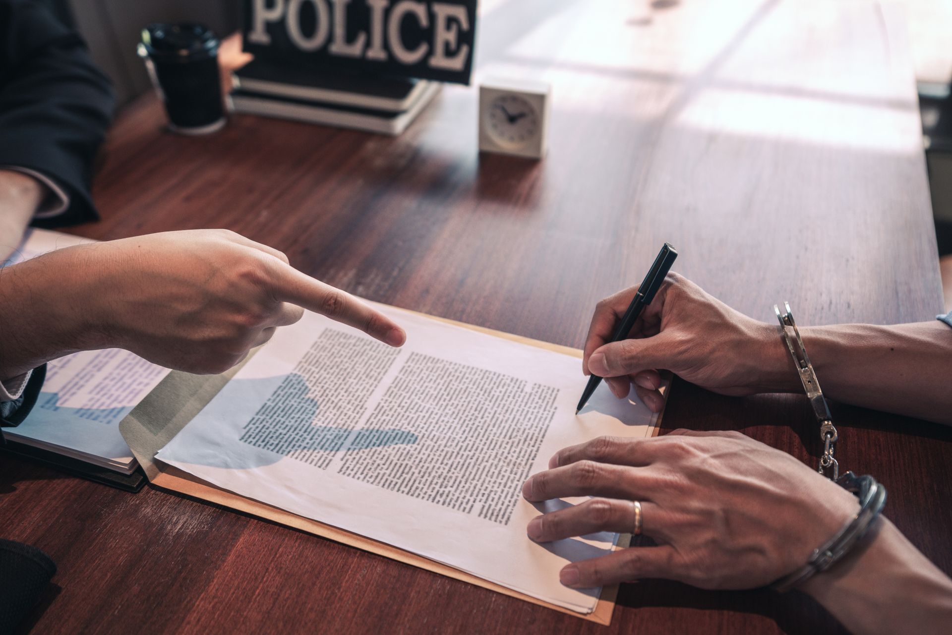 A man in handcuffs is signing a document while another man points at it.