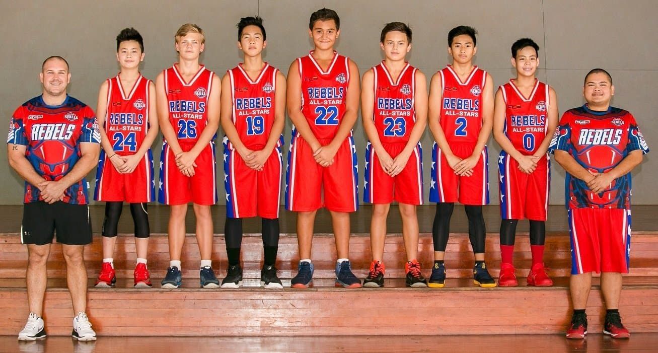 Basketball team posing on a wooden stage, wearing red uniforms with blue lettering. — Active Airconz in Winnellie, NT