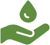 Green hand holding a leaf-shaped water droplet icon