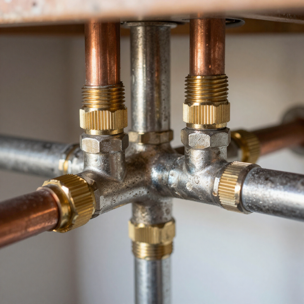Copper and metal plumbing pipes joined at a central fitting under a sink — T. Woods Plumbing in Bathurst, NSW