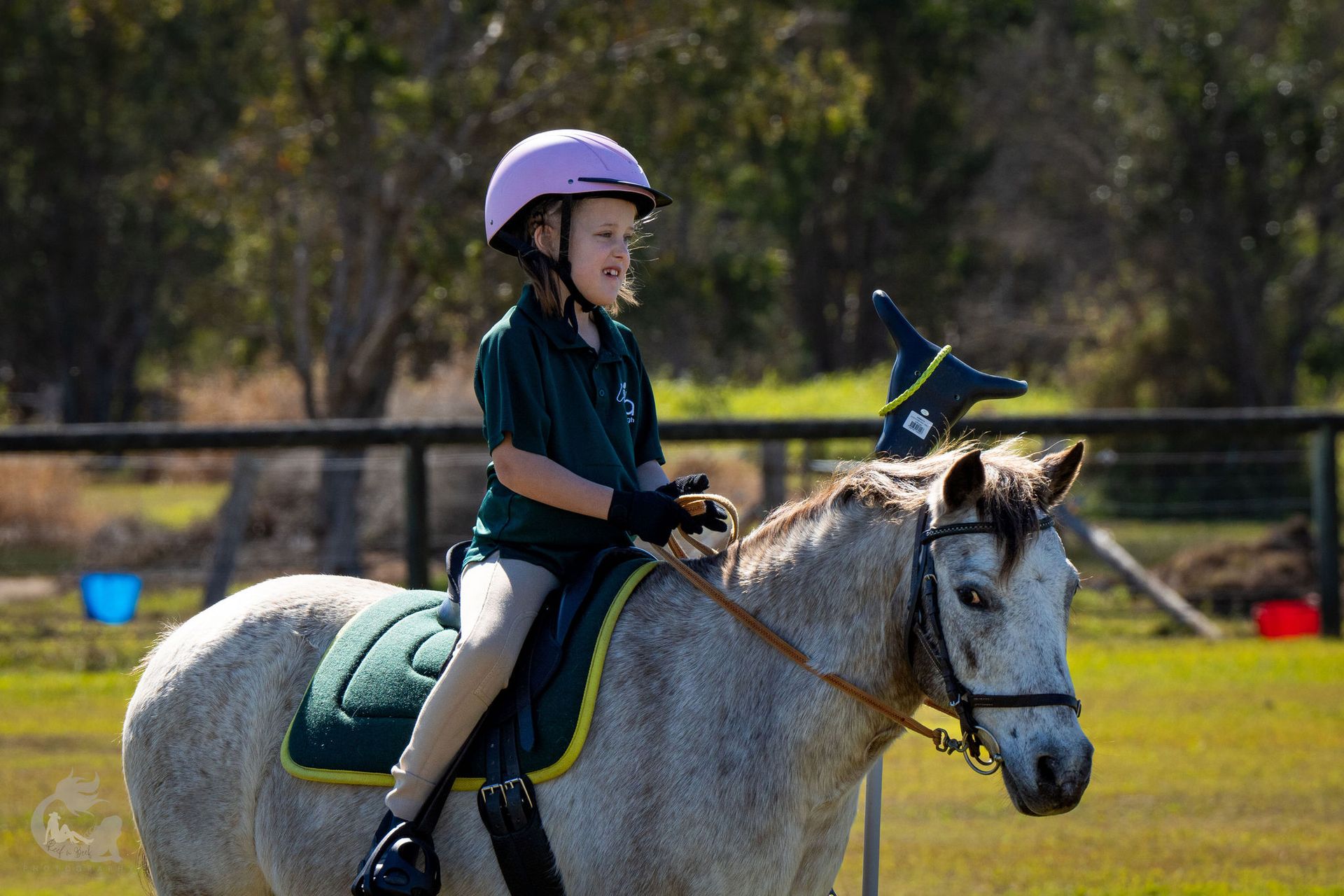 Girl in helmet rides a grey pony on an outdoor riding course.