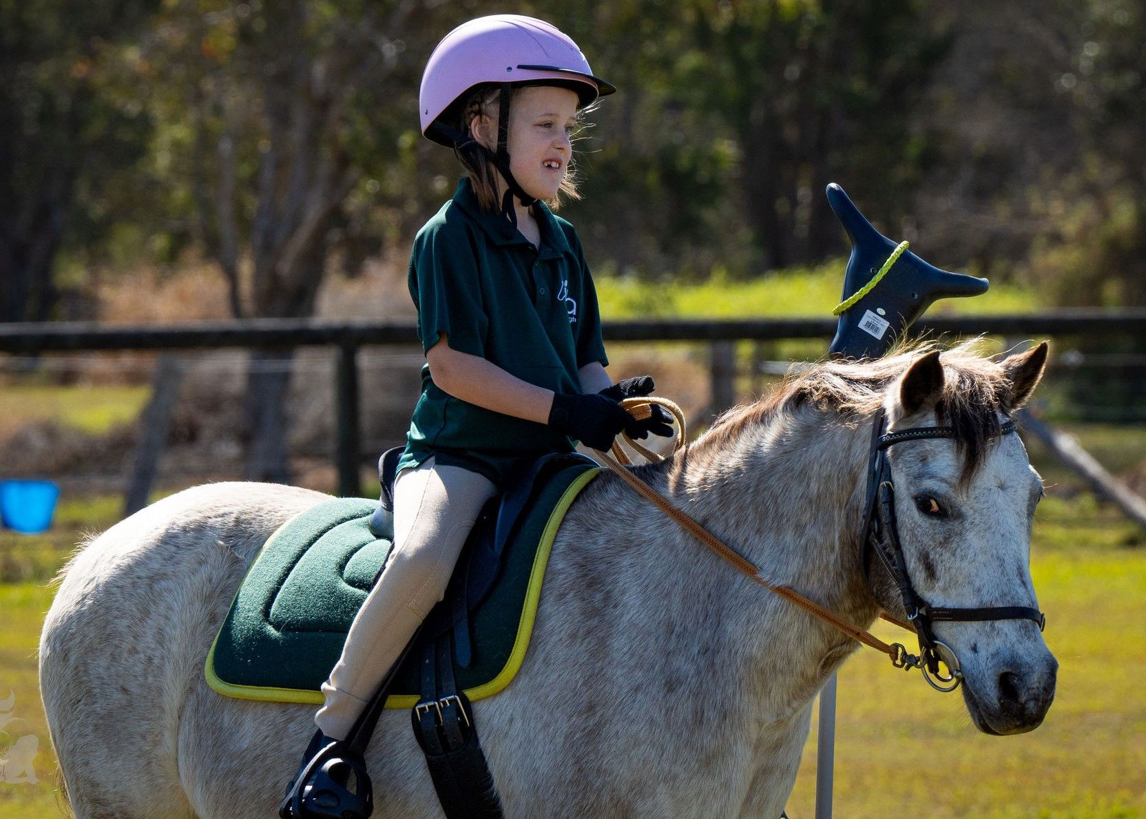 Girl in pink helmet riding a gray pony in a grassy field.