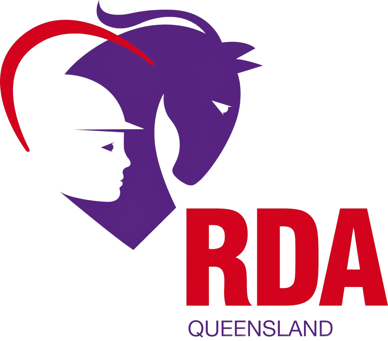 RDA Queensland logo: purple horse head and rider silhouette within a heart shape, red 
