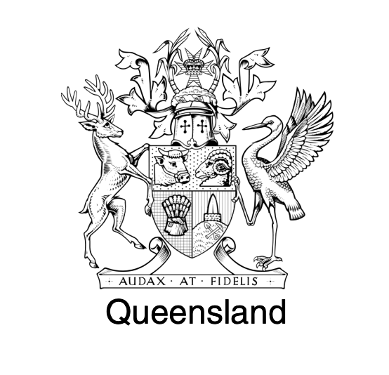 Queensland coat of arms, featuring a deer, crane, and shield with symbols. 