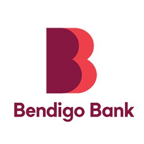 Bendigo Bank logo: Burgundy stylized "B" shape over a red curve, with "Bendigo Bank" text below in burgundy.