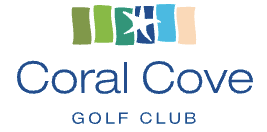 Logo for Coral Cove Golf Club. Features colorful vertical stripes, a star, and the company name in a dark blue font.