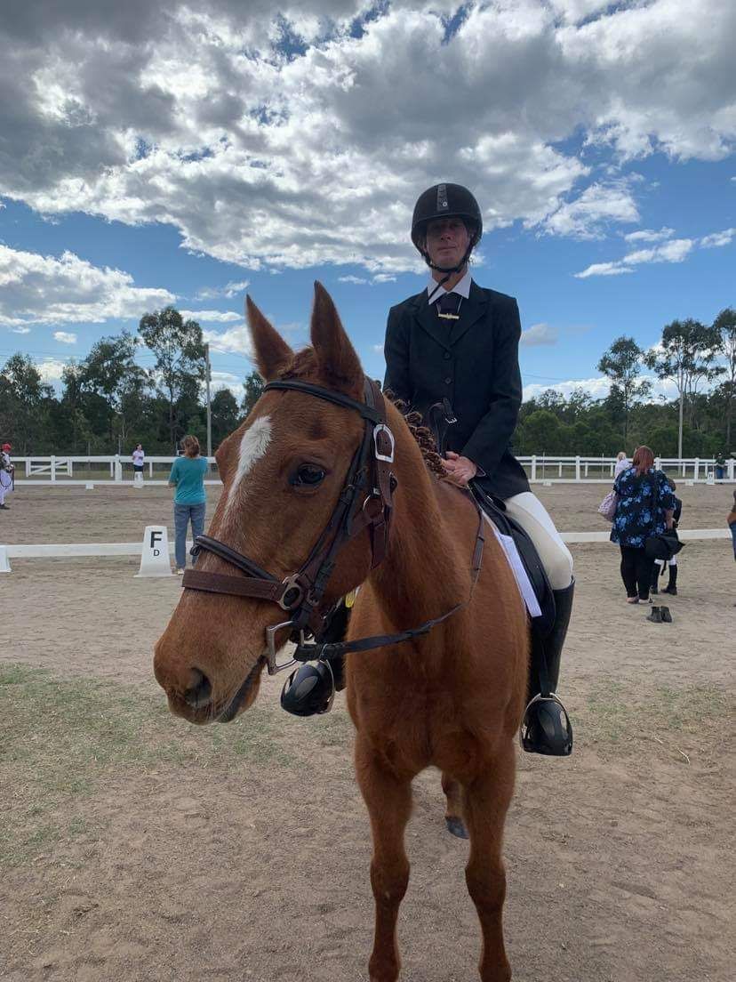 A rider in formal attire on a chestnut horse at an outdoor dressage competition.