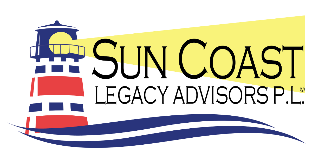 Lighthouse with a red and blue design, the words "Sun Coast Legacy Advisors P.L."