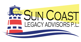 Lighthouse with a red and blue design, the words "Sun Coast Legacy Advisors P.L."